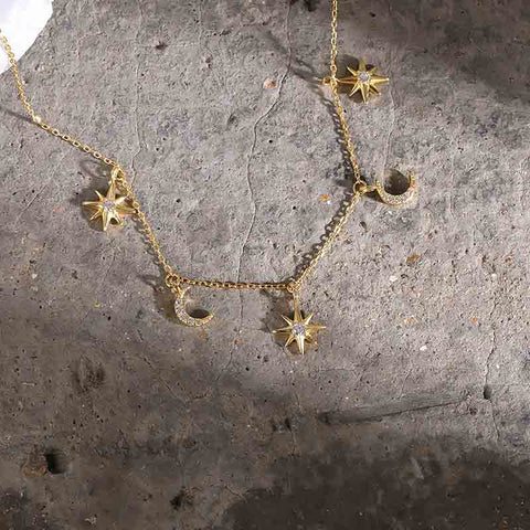 Golden Star and Moon Charms Necklaces