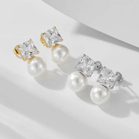 Square Diamond Pearl Earrings
