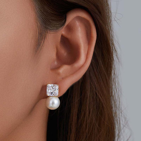 Square Diamond Pearl Earrings