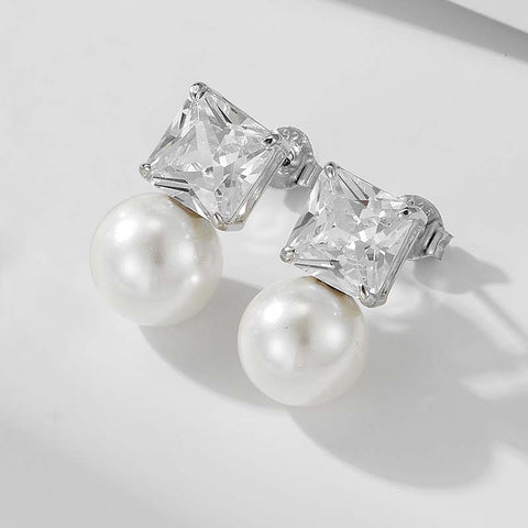 Square Diamond Pearl Earrings