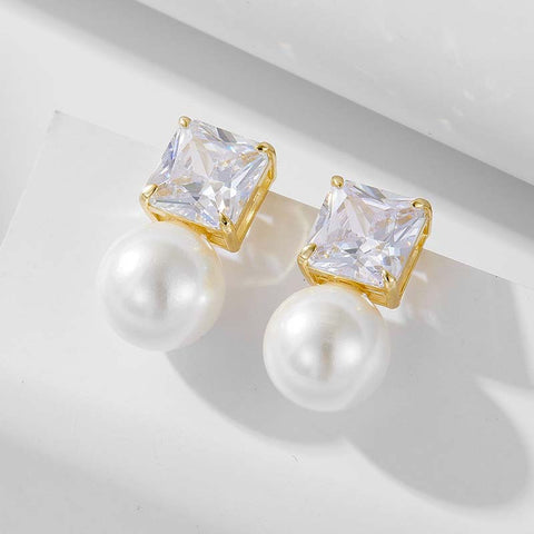 Square Diamond Pearl Earrings
